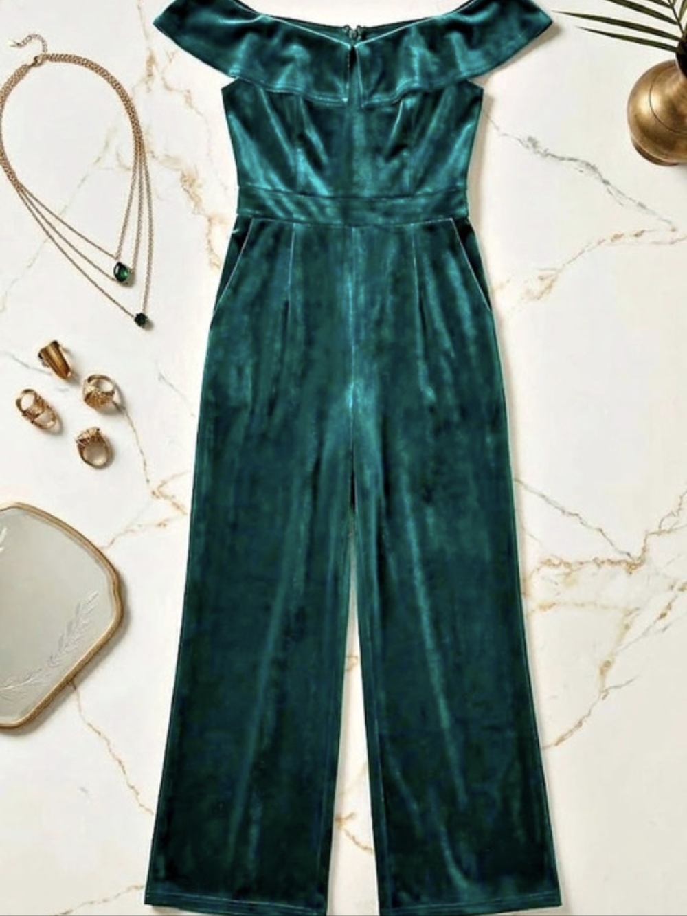 Green Velvet Off-Shoulder Ruffle Top Jumpsuit